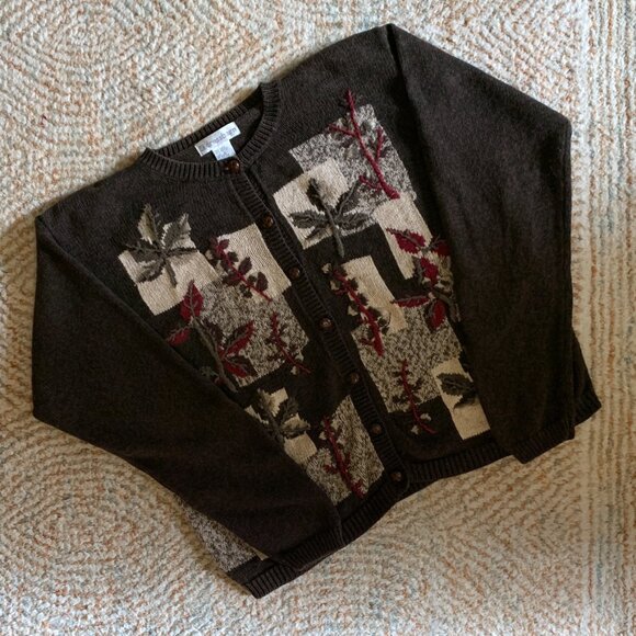 VTG Dress Barn Brown Cardigan Sweater Embroidered Floral Crewneck Grandpa Size L - Picture 5 of 12